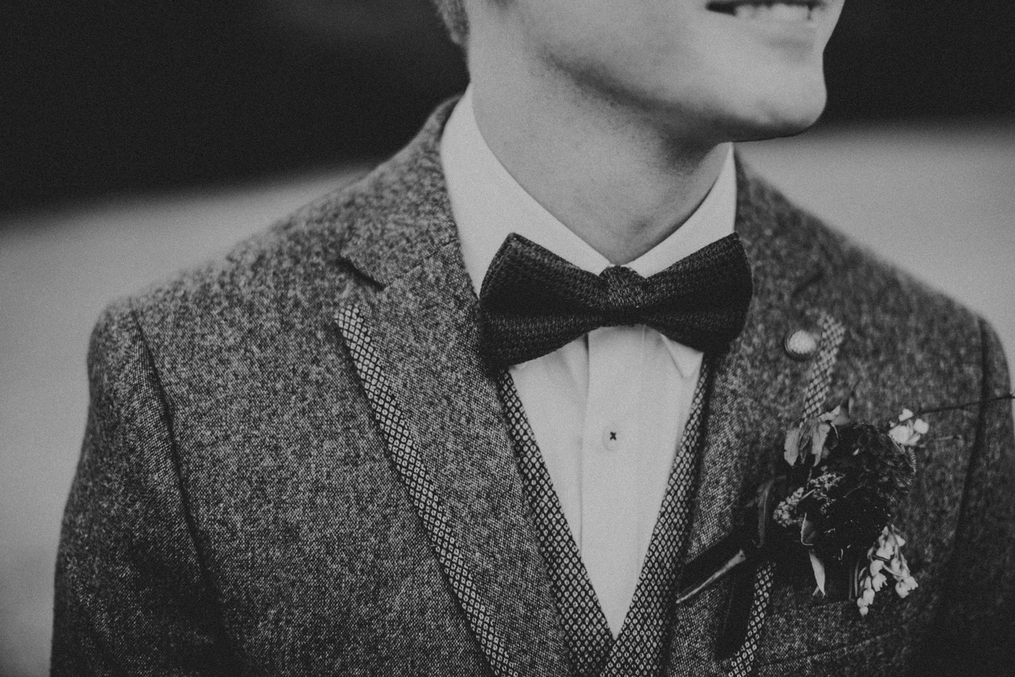 Groom bow tie detail in black and white